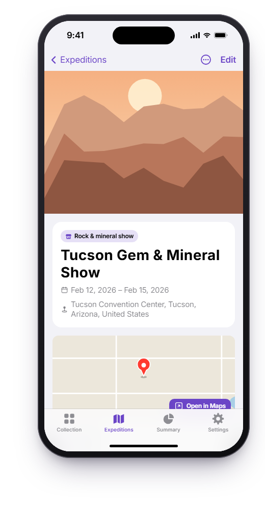 An expedition page for the Tucson Gem and Mineral Show with dates, location and a map